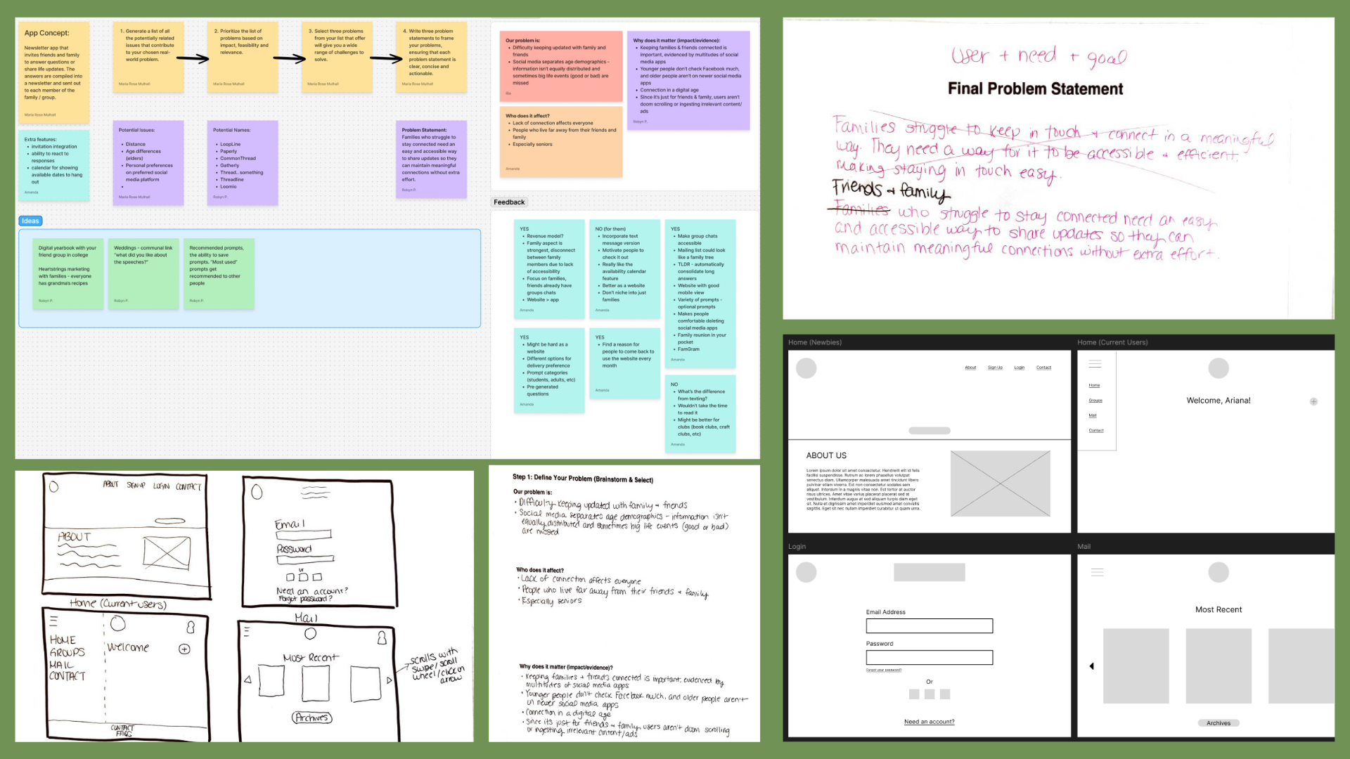 Low fidelity wireframes and design process notes